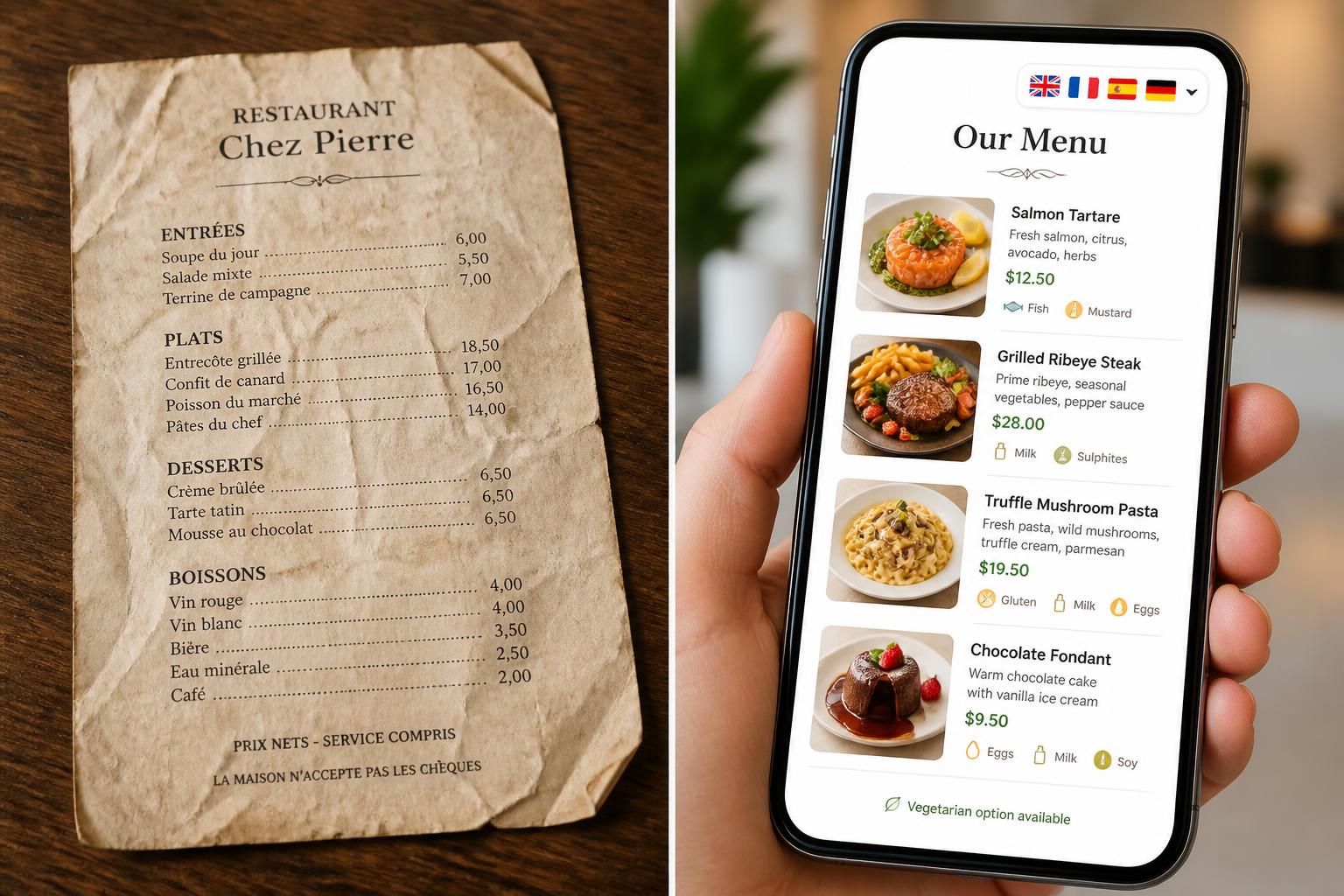 Comparaison avant/après : menu papier français vs menu digital multilingue sur smartphone